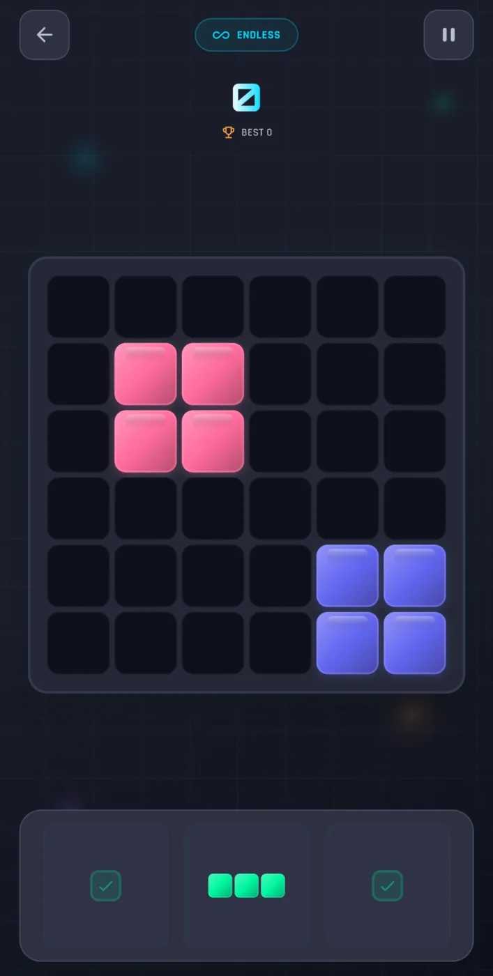 Endless mode: placing coloured blocks on the grid