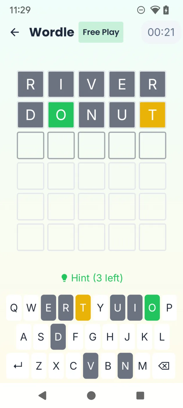 A Wordle round in Free Play, with hints left