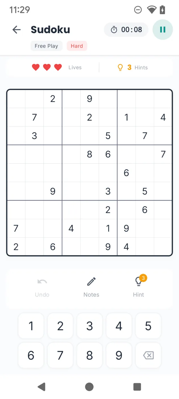A hard Sudoku with lives, notes and hints