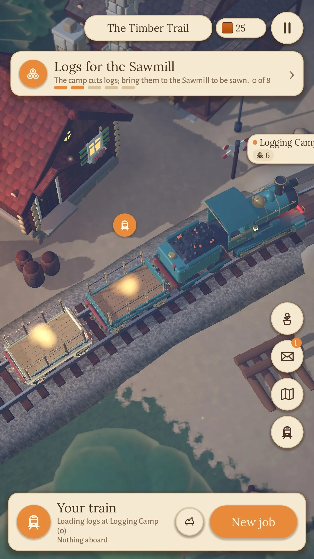 Two stake wagons forming out of ember glass behind the engine at the Logging Camp