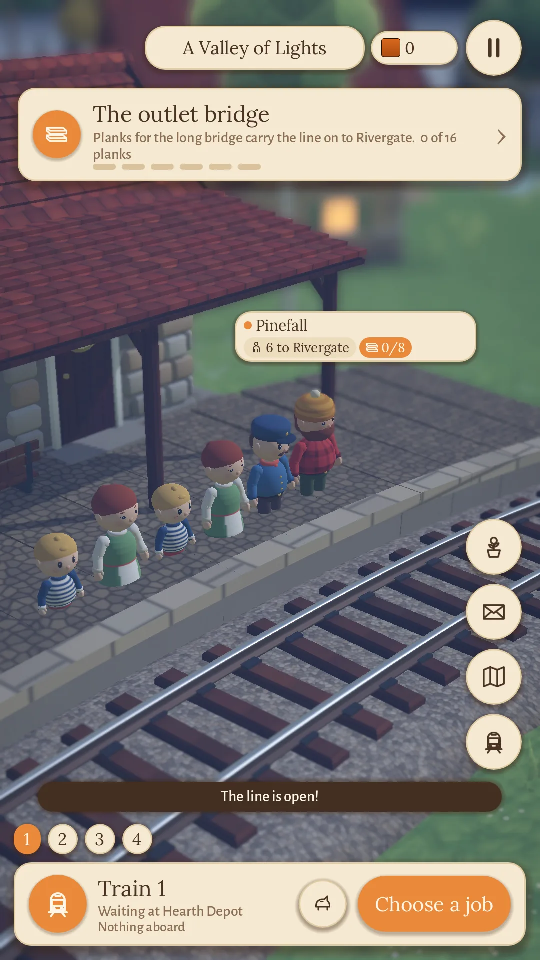 Villagers waiting on the platform at Pinefall under a tag that reads "6 to Rivergate"