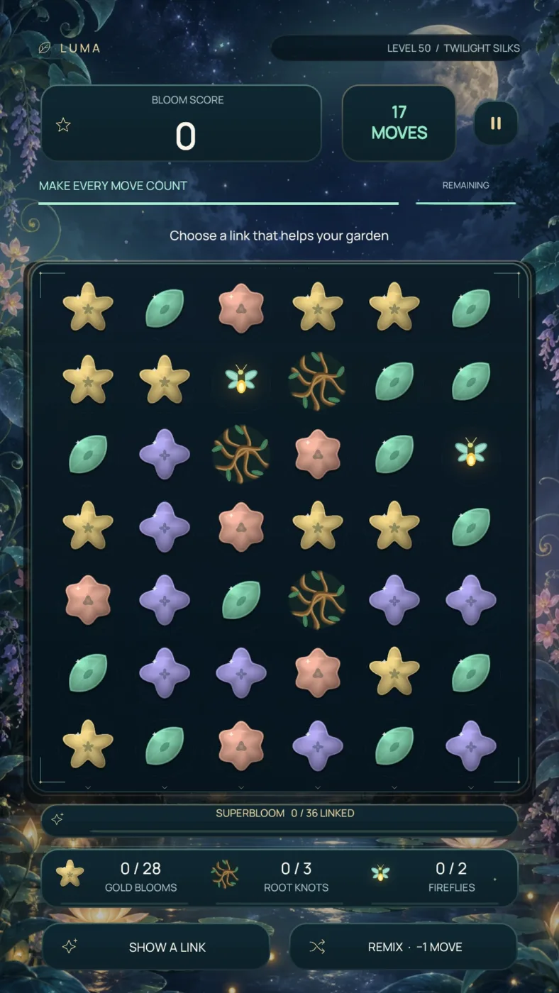 A moonlit puzzle with limited moves and garden objectives