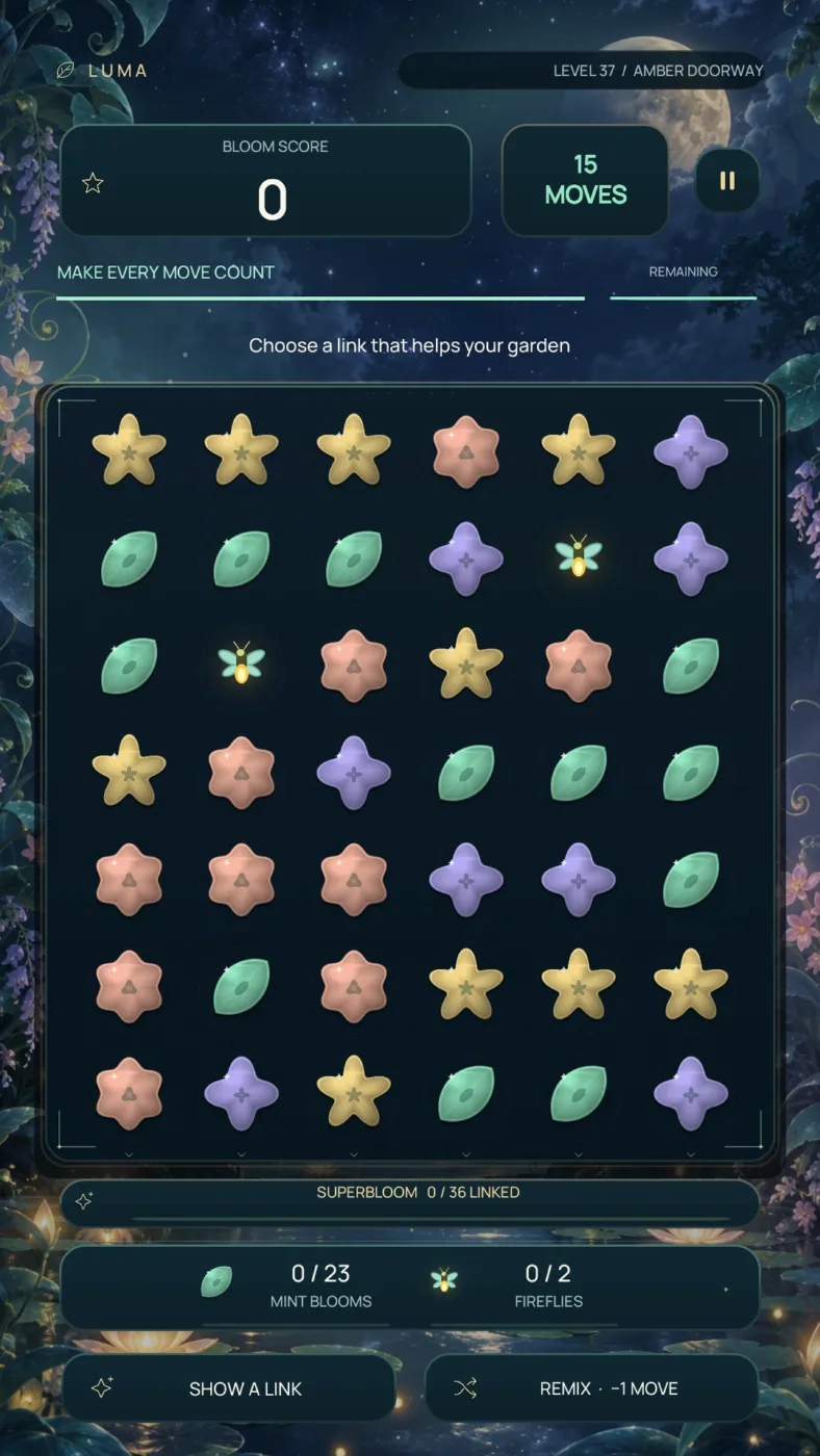 Guide a glowing firefly towards the bottom of the board