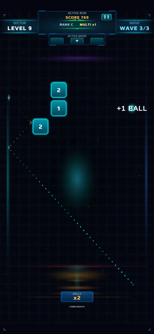 A ricochet trail and a +1 ball pickup in the final wave
