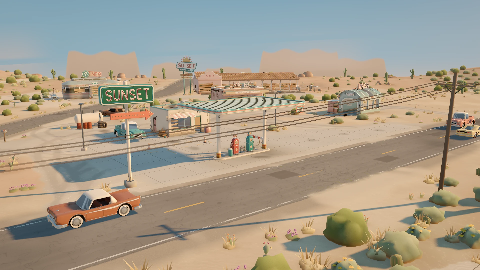 A view across Old Highway 77 towards the pumps, market and motel